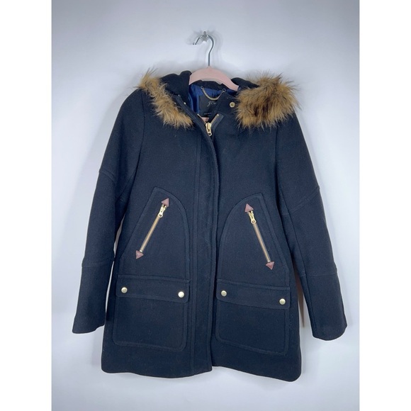 J Crew Black Wool Coat Italian Stadium Cloth Hooded Classic Winter Black Size 4 - Picture 1 of 9